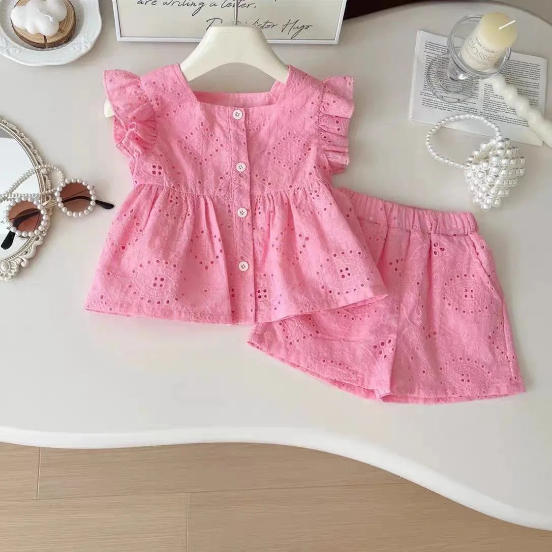 Girls Summer Pink Cotton Fly Sleeve Top + Pink Cotton Shorts