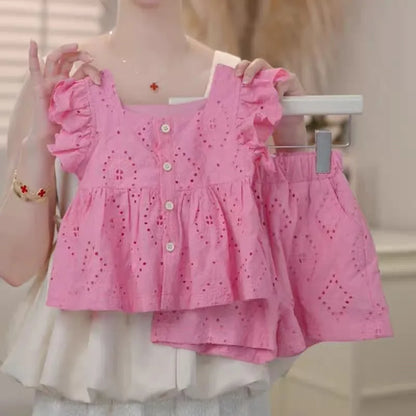 Girls Summer Pink Cotton Fly Sleeve Top + Pink Cotton Shorts