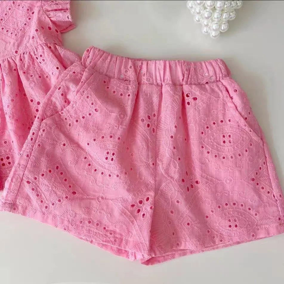 Girls Summer Pink Cotton Fly Sleeve Top + Pink Cotton Shorts