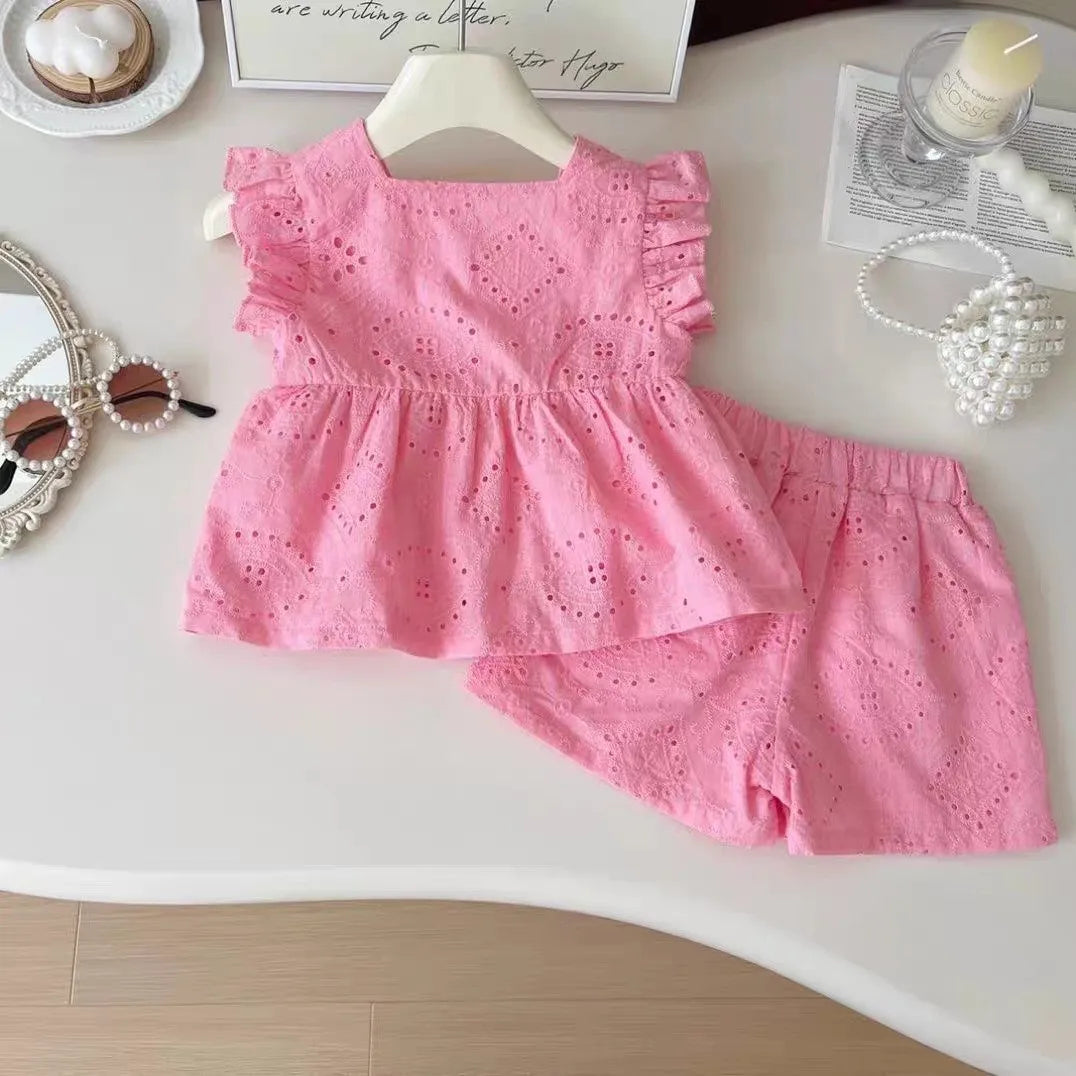 Girls Summer Pink Cotton Fly Sleeve Top + Pink Cotton Shorts