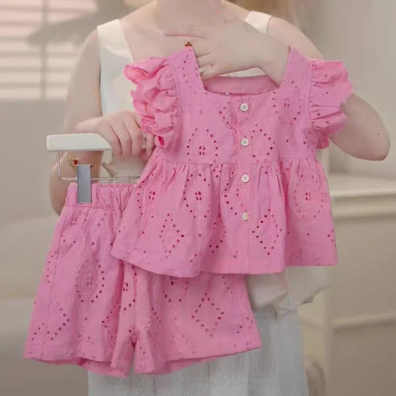 Girls Summer Pink Cotton Fly Sleeve Top + Pink Cotton Shorts